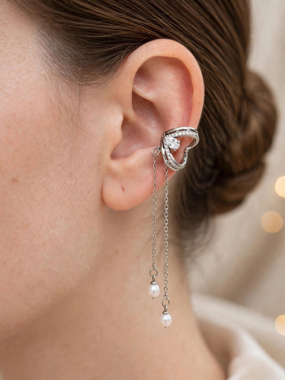 Silver Heart Pearl Drop Ear Cuff